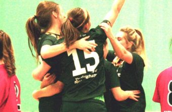 The University of Nottingham women's Futsal lift the Varsity Trophy