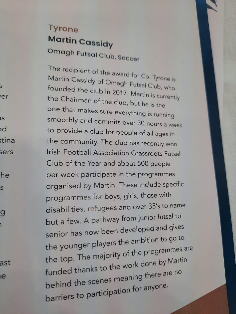 Martin Cassidy, Omagh Futsal Club, Volunteer in Sport Awards for 2022